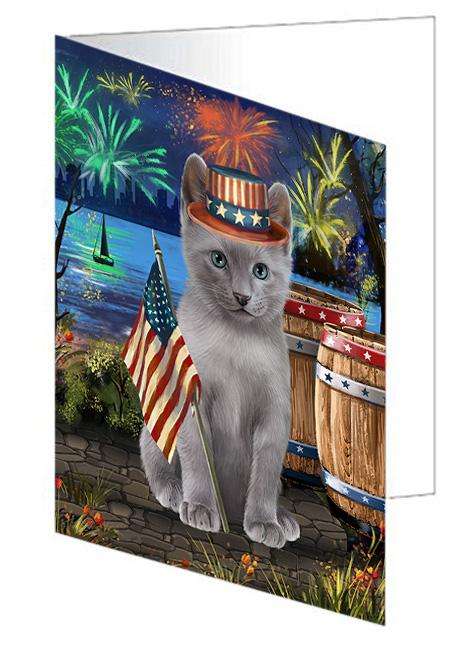 4th of July Independence Day Firework Russian Blue Cat Handmade Artwork Assorted Pets Greeting Cards and Note Cards with Envelopes for All Occasions and Holiday Seasons GCD66239