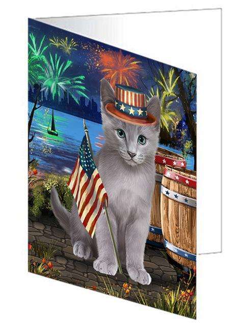 4th of July Independence Day Firework Russian Blue Cat Handmade Artwork Assorted Pets Greeting Cards and Note Cards with Envelopes for All Occasions and Holiday Seasons GCD66242