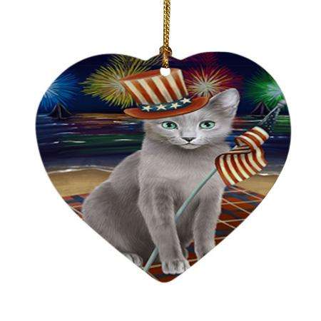 4th of July Independence Day Firework Russian Blue Cat Heart Christmas Ornament HPOR52061
