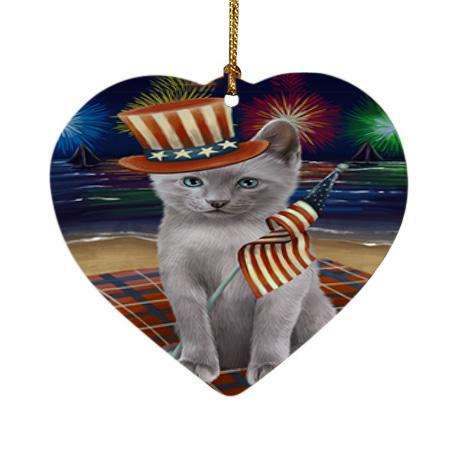 4th of July Independence Day Firework Russian Blue Cat Heart Christmas Ornament HPOR52063