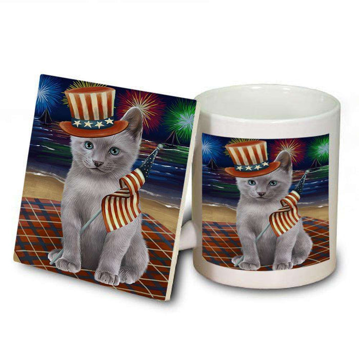 4th of July Independence Day Firework Russian Blue Cat Mug and Coaster Set MUC52055