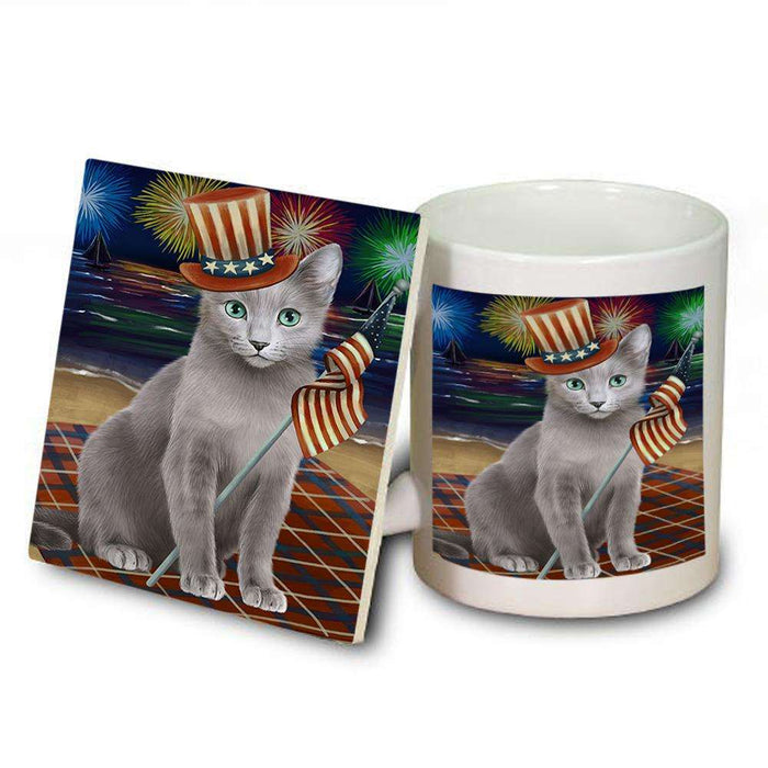4th of July Independence Day Firework Russian Blue Cat Mug and Coaster Set MUC52443
