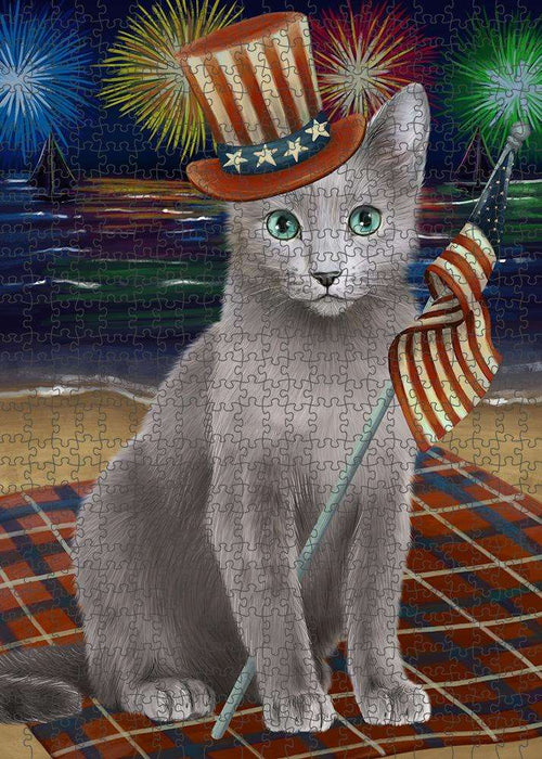 4th of July Independence Day Firework Russian Blue Cat Puzzle with Photo Tin PUZL61284