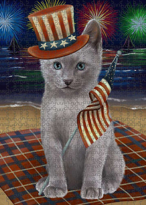 4th of July Independence Day Firework Russian Blue Cat Puzzle with Photo Tin PUZL61290