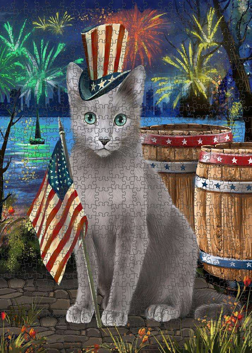 4th of July Independence Day Firework Russian Blue Cat Puzzle with Photo Tin PUZL83424