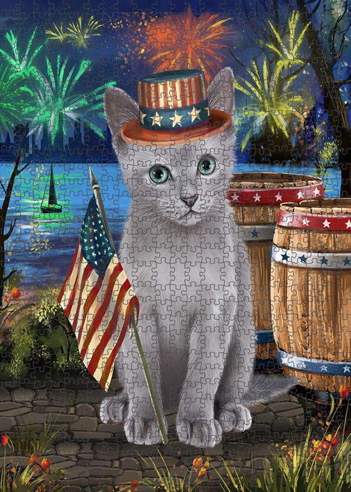 4th of July Independence Day Firework Russian Blue Cat Puzzle with Photo Tin PUZL83428
