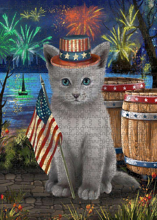 4th of July Independence Day Firework Russian Blue Cat Puzzle with Photo Tin PUZL83432