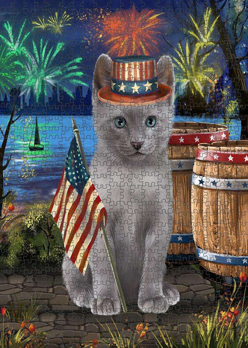 4th of July Independence Day Firework Russian Blue Cat Puzzle with Photo Tin PUZL83436