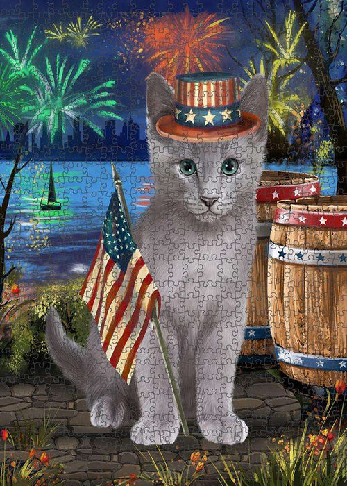 4th of July Independence Day Firework Russian Blue Cat Puzzle with Photo Tin PUZL83440