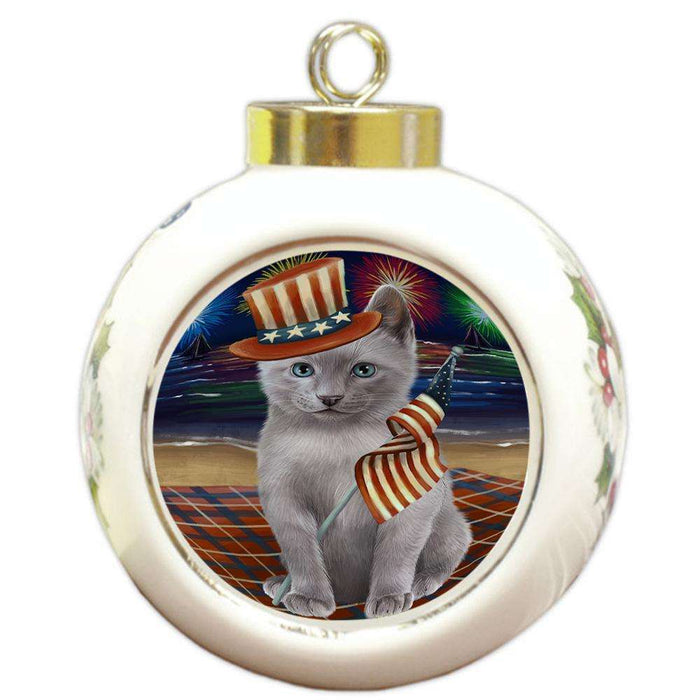 4th of July Independence Day Firework Russian Blue Cat Round Ball Christmas Ornament RBPOR52063