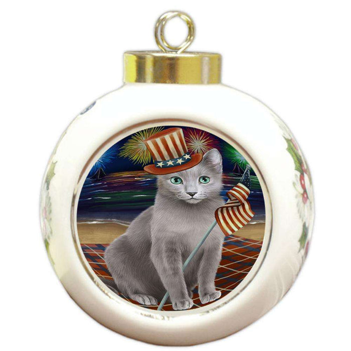 4th of July Independence Day Firework Russian Blue Cat Round Ball Christmas Ornament RBPOR52451