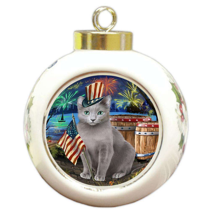 4th of July Independence Day Firework Russian Blue Cat Round Ball Christmas Ornament RBPOR54067