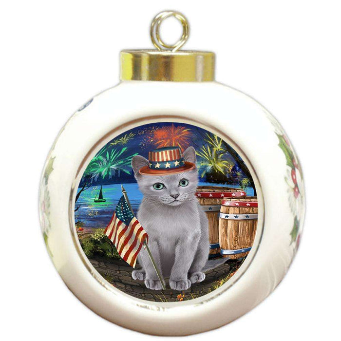 4th of July Independence Day Firework Russian Blue Cat Round Ball Christmas Ornament RBPOR54068