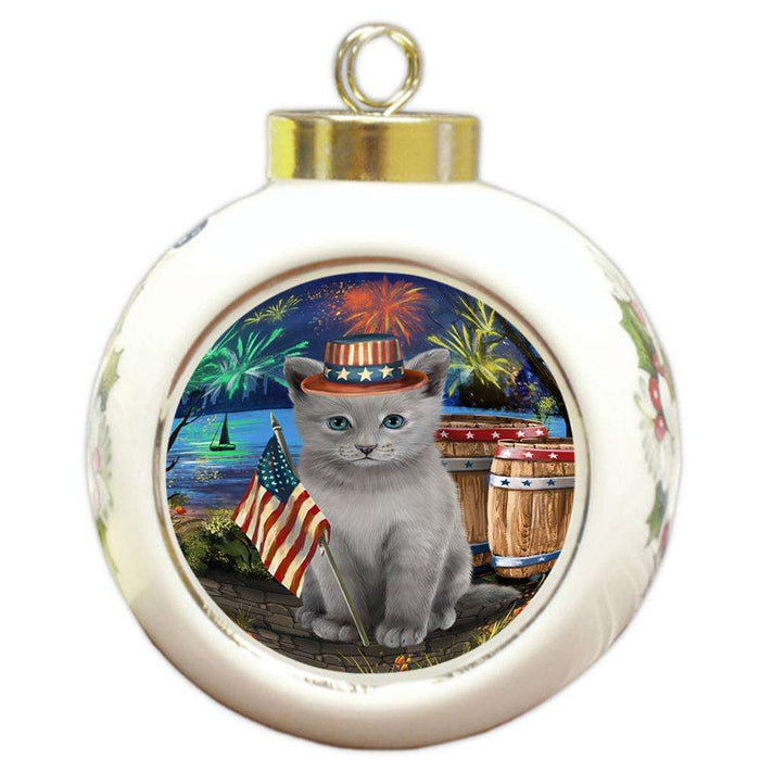 4th of July Independence Day Firework Russian Blue Cat Round Ball Christmas Ornament RBPOR54069