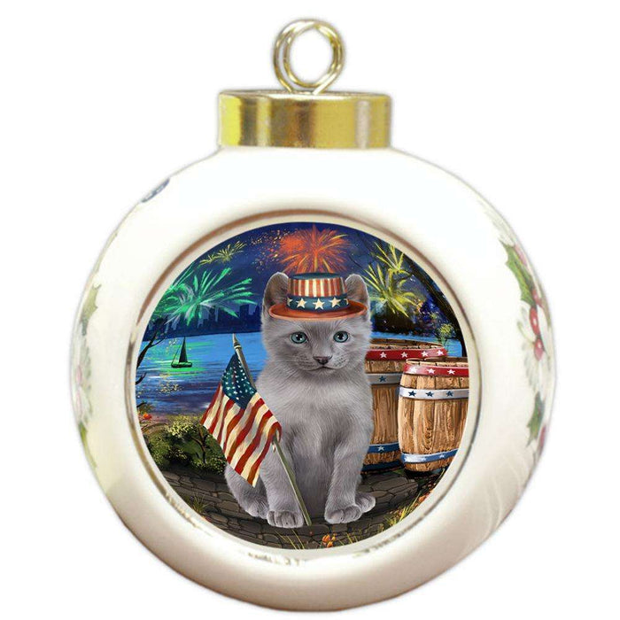 4th of July Independence Day Firework Russian Blue Cat Round Ball Christmas Ornament RBPOR54070