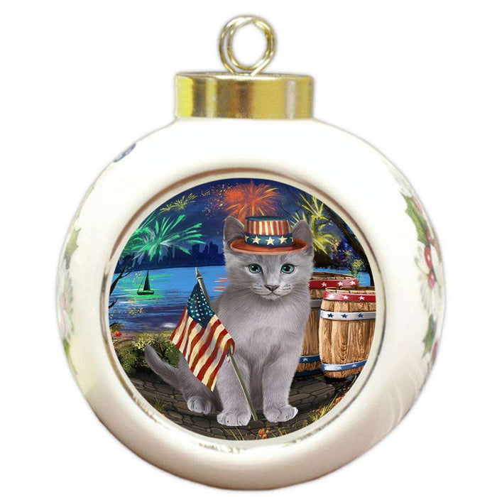 4th of July Independence Day Firework Russian Blue Cat Round Ball Christmas Ornament RBPOR54071