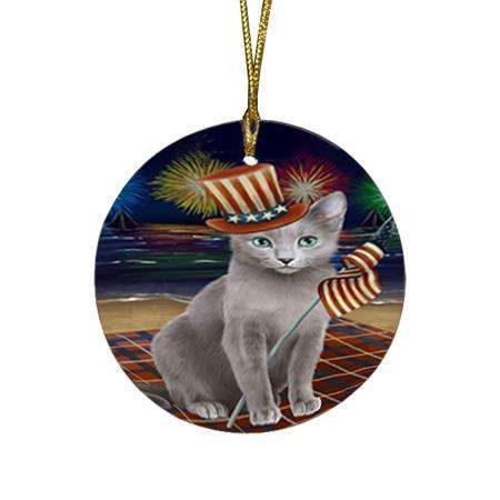 4th of July Independence Day Firework Russian Blue Cat Round Flat Christmas Ornament RFPOR52052