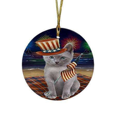 4th of July Independence Day Firework Russian Blue Cat Round Flat Christmas Ornament RFPOR52054