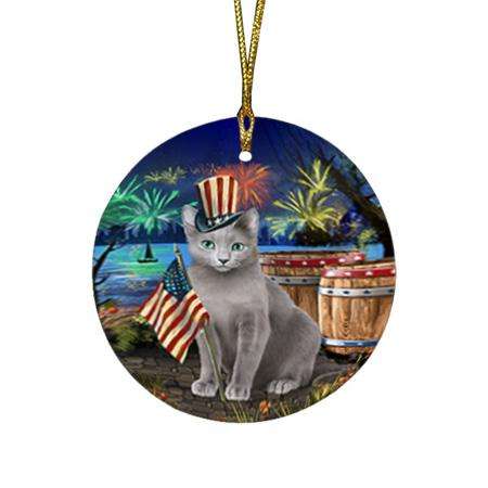 4th of July Independence Day Firework Russian Blue Cat Round Flat Christmas Ornament RFPOR54058