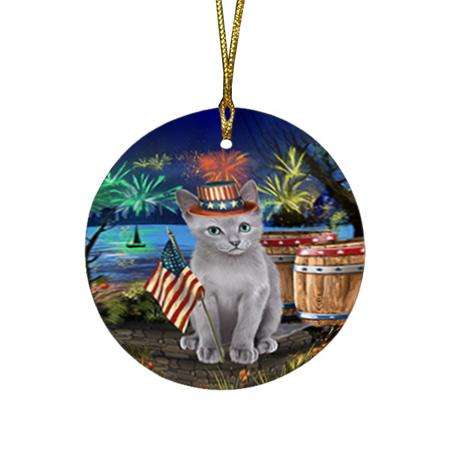 4th of July Independence Day Firework Russian Blue Cat Round Flat Christmas Ornament RFPOR54059