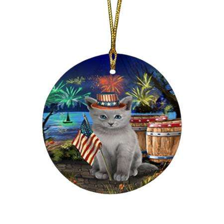 4th of July Independence Day Firework Russian Blue Cat Round Flat Christmas Ornament RFPOR54060