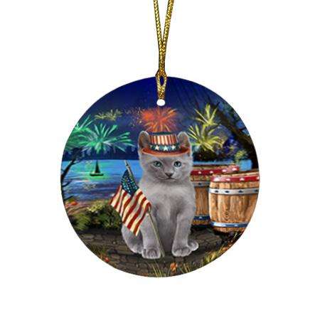 4th of July Independence Day Firework Russian Blue Cat Round Flat Christmas Ornament RFPOR54061