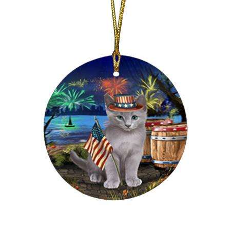 4th of July Independence Day Firework Russian Blue Cat Round Flat Christmas Ornament RFPOR54062