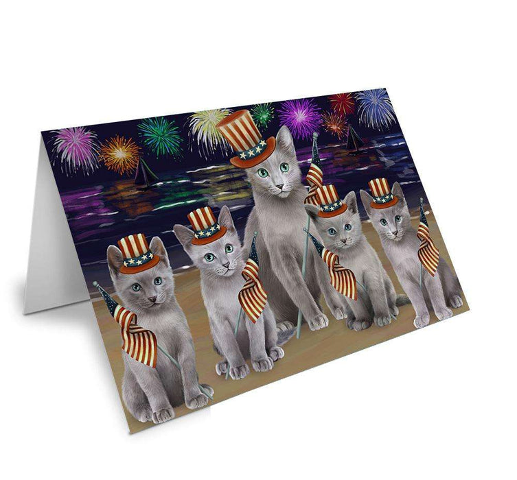 4th of July Independence Day Firework Russian Blue Cats Handmade Artwork Assorted Pets Greeting Cards and Note Cards with Envelopes for All Occasions and Holiday Seasons GCD61385