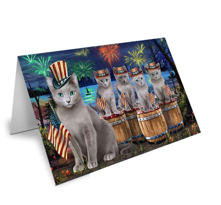 4th of July Independence Day Firework Russian Blue Cats Handmade Artwork Assorted Pets Greeting Cards and Note Cards with Envelopes for All Occasions and Holiday Seasons GCD66371