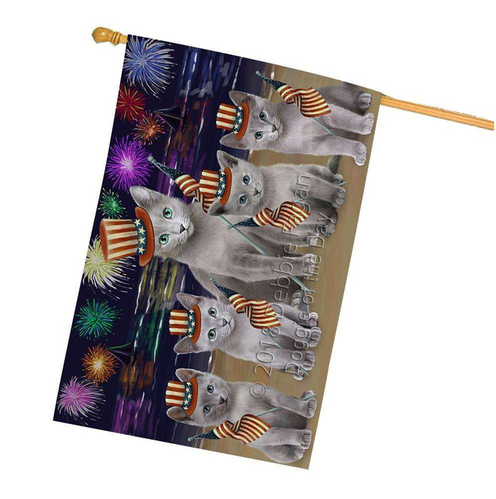 4th of July Independence Day Firework Russian Blue Cats House Flag FLG52533