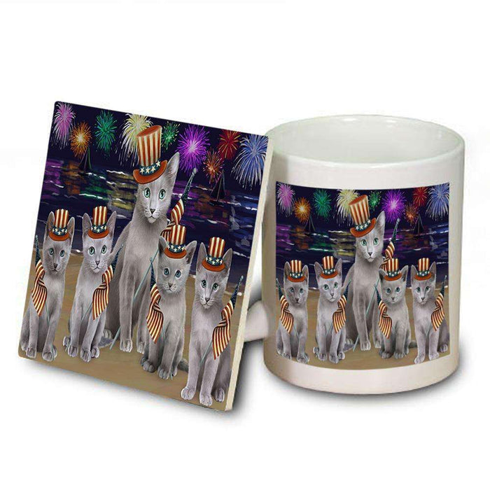 4th of July Independence Day Firework Russian Blue Cats Mug and Coaster Set MUC52054
