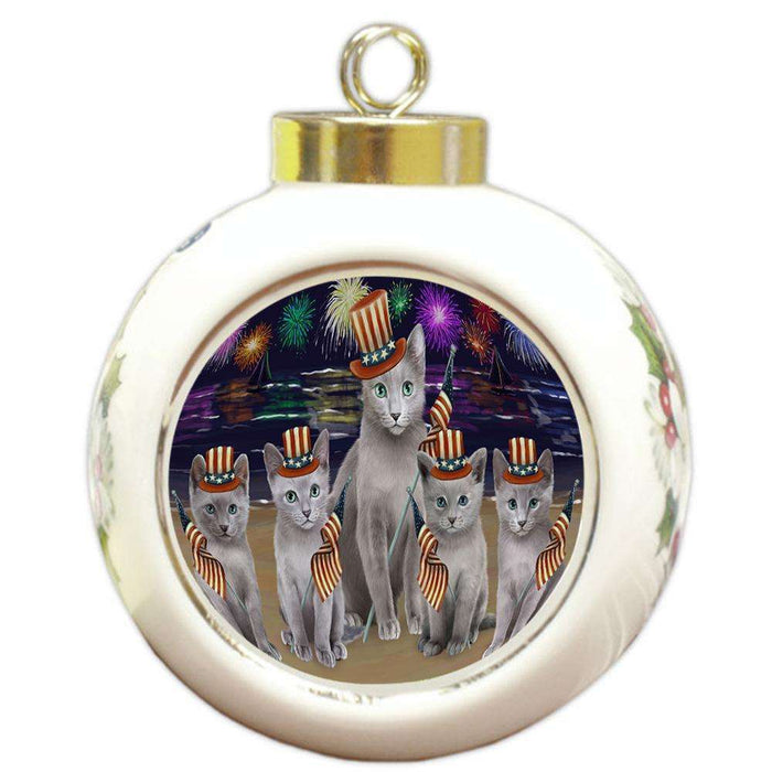 4th of July Independence Day Firework Russian Blue Cats Round Ball Christmas Ornament RBPOR52062