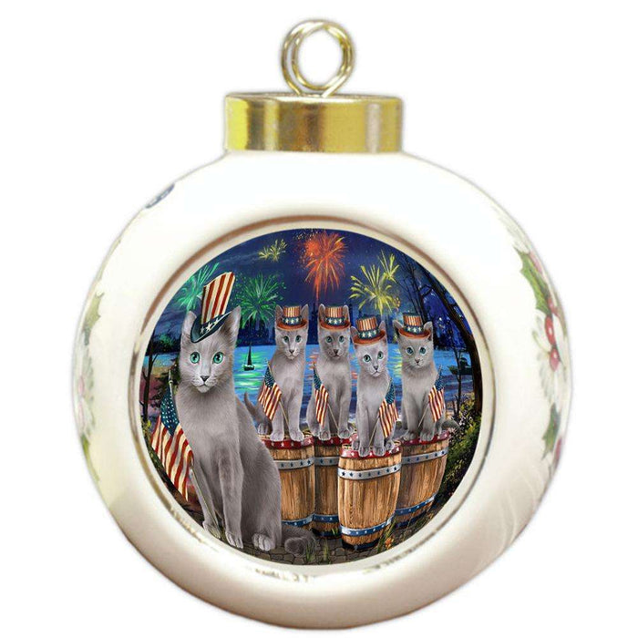 4th of July Independence Day Firework Russian Blue Cats Round Ball Christmas Ornament RBPOR54114