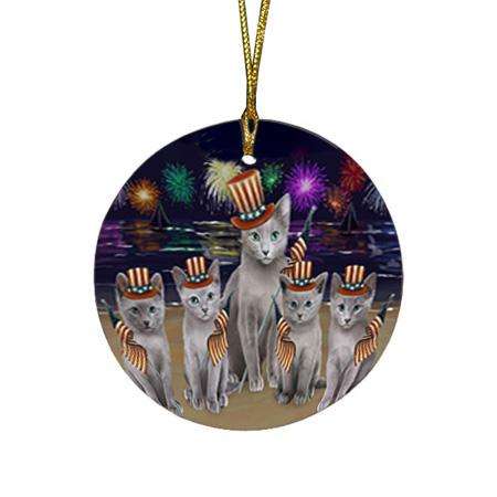4th of July Independence Day Firework Russian Blue Cats Round Flat Christmas Ornament RFPOR52053