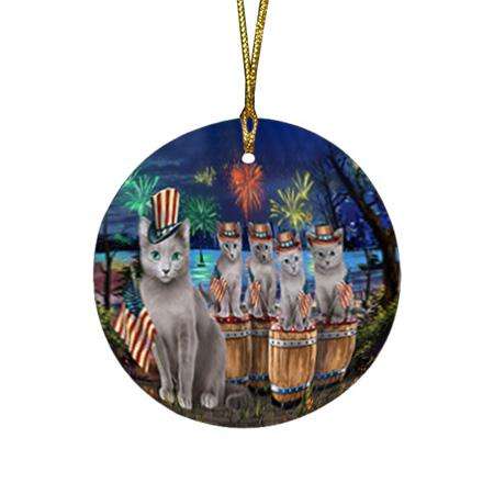 4th of July Independence Day Firework Russian Blue Cats Round Flat Christmas Ornament RFPOR54105