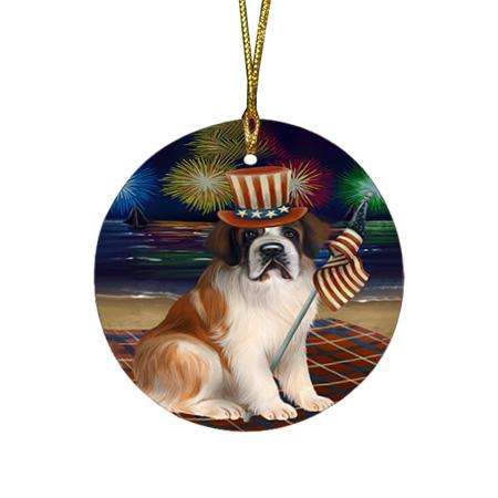 4th of July Independence Day Firework Saint Bernard Dog Round Flat Christmas Ornament RFPOR49606