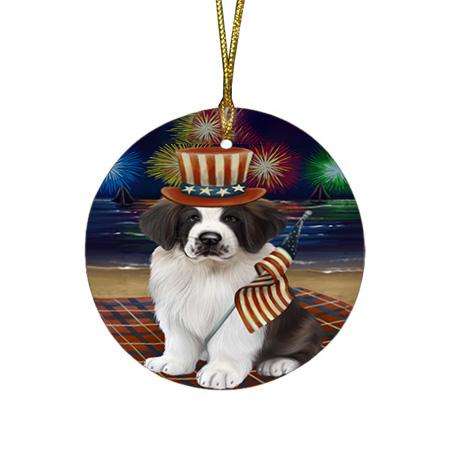 4th of July Independence Day Firework Saint Bernard Dog Round Flat Christmas Ornament RFPOR49608