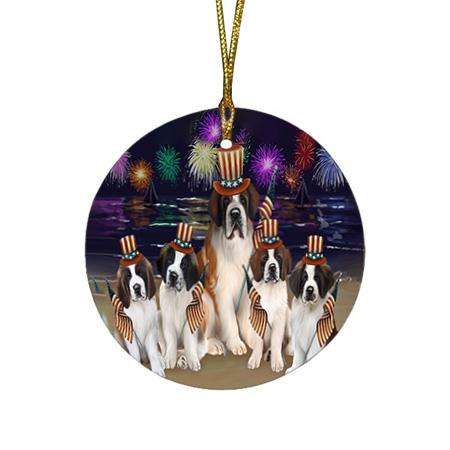 4th of July Independence Day Firework Saint Bernards Dog Round Flat Christmas Ornament RFPOR49607