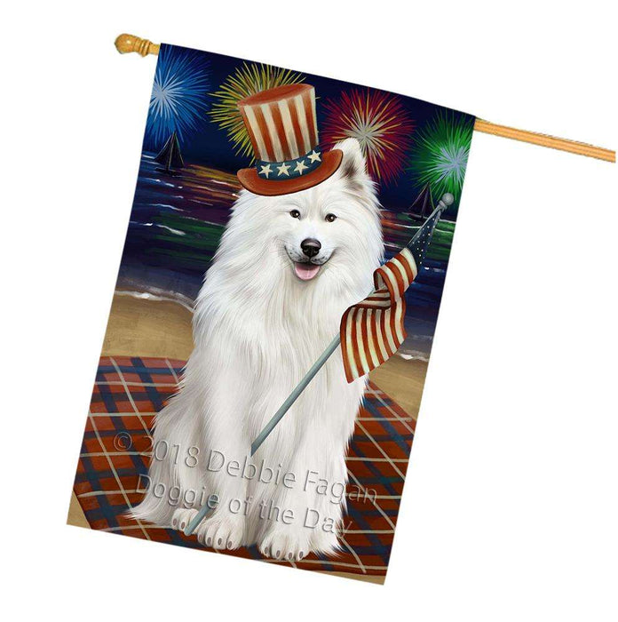 4th of July Independence Day Firework Samoyed Dog Dog House Flag FLG48952