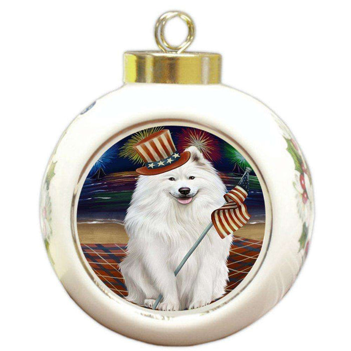 4th of July Independence Day Firework Samoyed Dog Dog Round Ball Christmas Ornament RBPOR48987