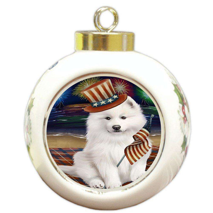 4th of July Independence Day Firework Samoyed Dog Dog Round Ball Christmas Ornament RBPOR48989