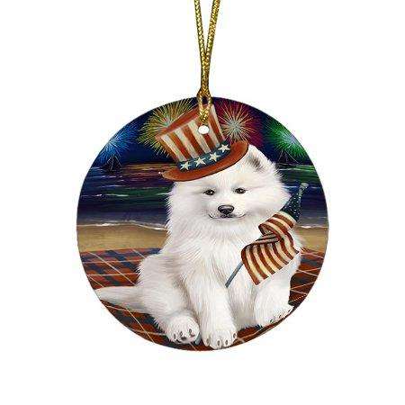 4th of July Independence Day Firework Samoyed Dog Dog Round Christmas Ornament RFPOR48980