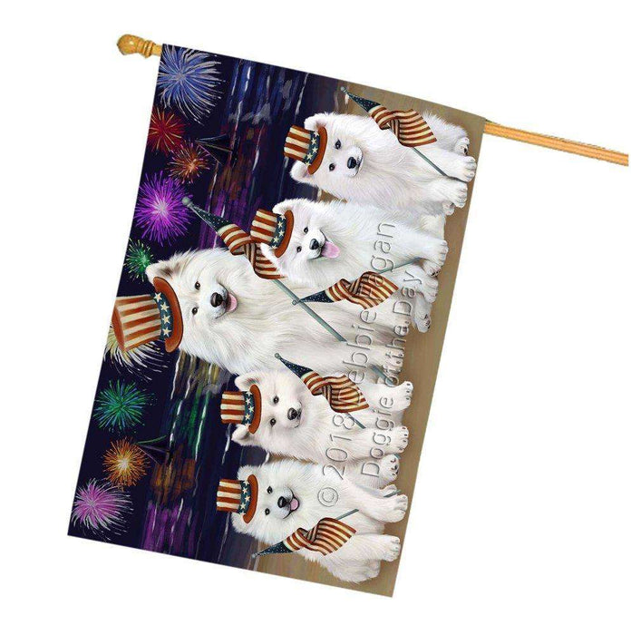 4th of July Independence Day Firework Samoyed Dogs Dog House Flag FLG48953