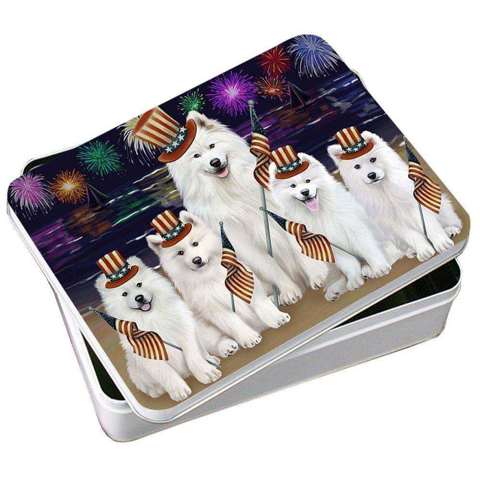 4th of July Independence Day Firework Samoyed Dogs Dog Photo Storage Tin PITN48988