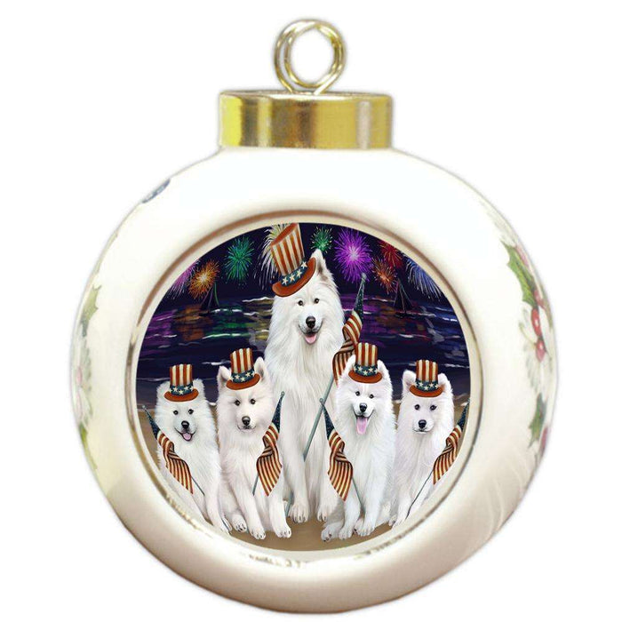 4th of July Independence Day Firework Samoyed Dogs Dog Round Ball Christmas Ornament RBPOR48988