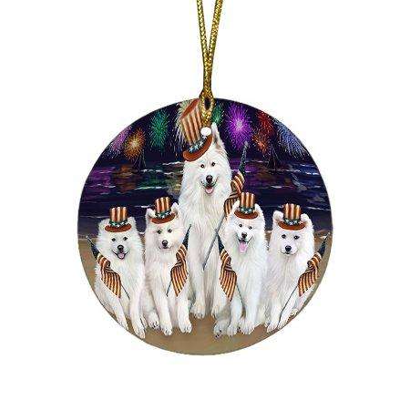 4th of July Independence Day Firework Samoyed Dogs Dog Round Christmas Ornament RFPOR48979
