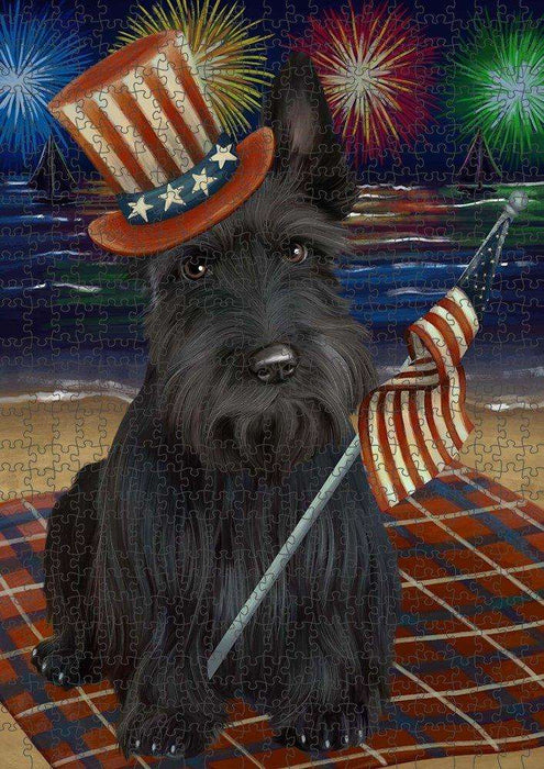 4th of July Independence Day Firework Scottish Terrier Dog Puzzle with Photo Tin PUZL51168