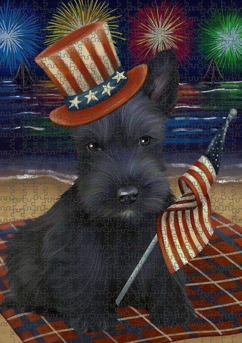 4th of July Independence Day Firework Scottish Terrier Dog Puzzle with Photo Tin PUZL51174