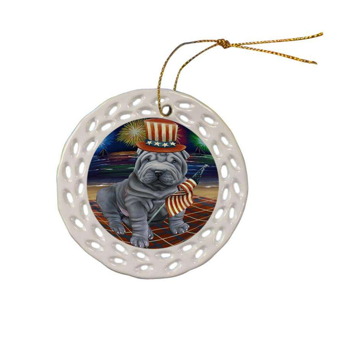 4th of July Independence Day Firework Shar Pei Dog Ceramic Doily Ornament DPOR49000