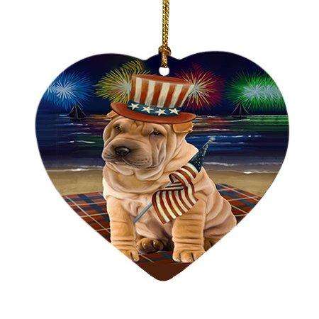 4th of July Independence Day Firework Shar Pei Dog Heart Christmas Ornament HPOR49003